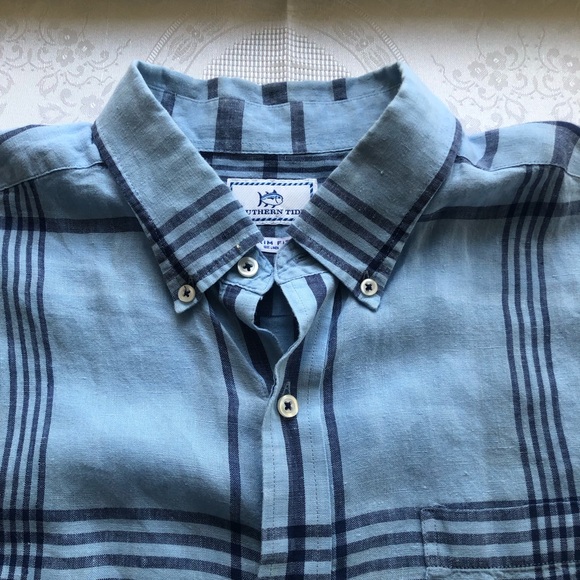 Southern Tide Blue Plaid Button-Down Shirt Trim-Fit Men’s Size L 100% Linen Top - Picture 3 of 16